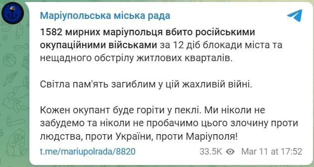 Окупанти вбили в Маріуполі понад 1,5 тисячі мирних людей