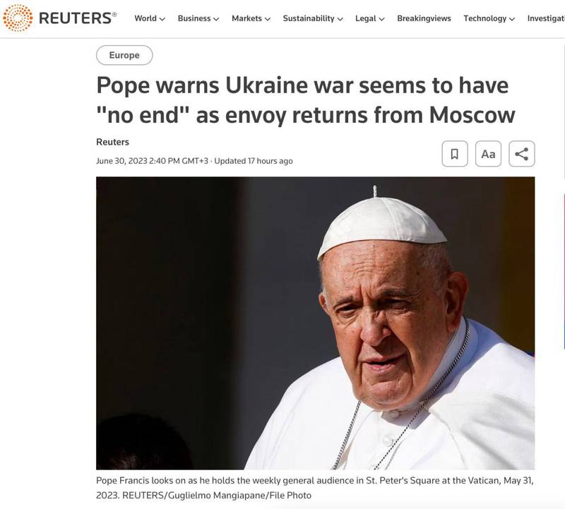 Папа Римський заявив, що війні в Україні “не видно кінця”