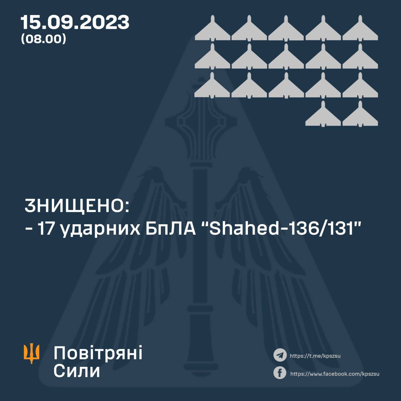 Цієї ночі Повітряні Сили знищили усі 17 «Шахедів» (оновлено)