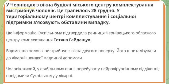 У Чернівцях чоловік вистрибнув з вікна будівлі ТЦК