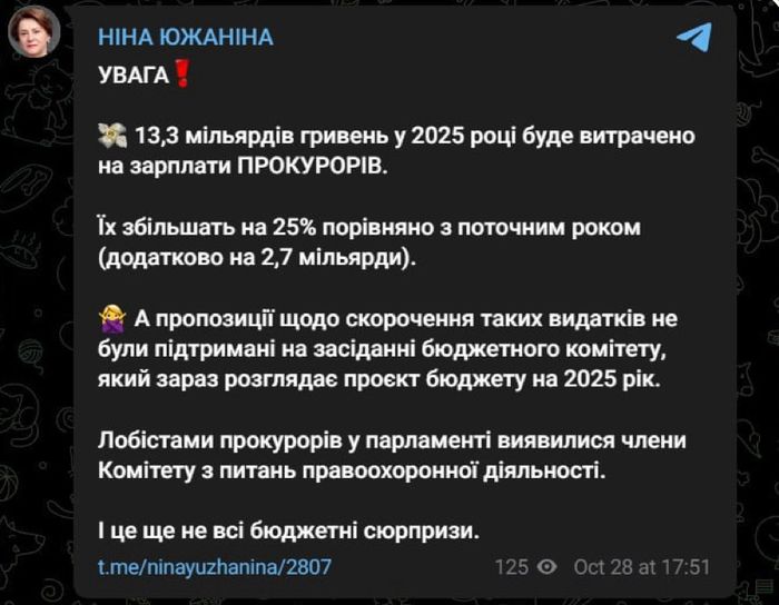 13,3 мільярдів гривень у 2025 році буде витрачено на зарплати прокурорів, — нардепка Южаніна