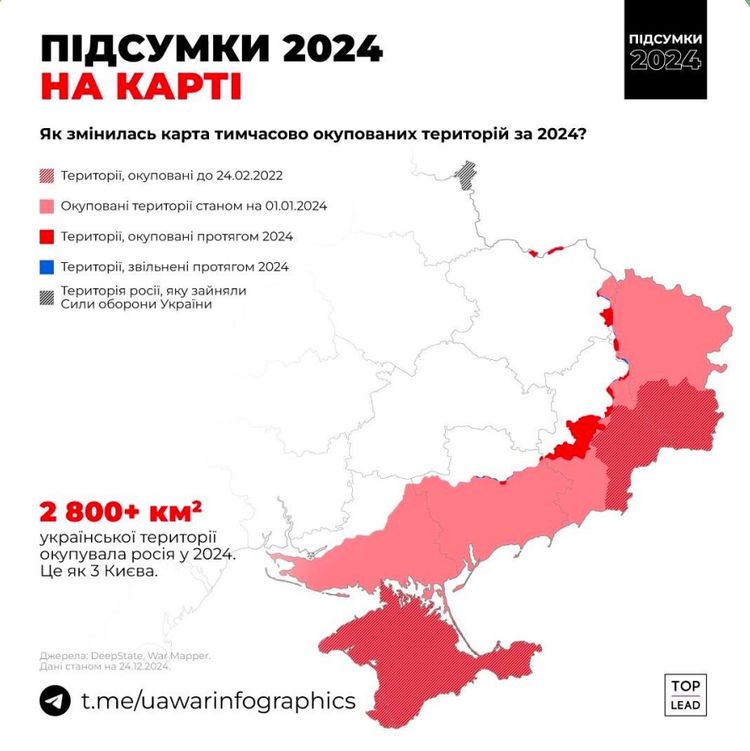 У 2024 році росія захопила територію України (2800 кв. км), що дорівнює трьом площам Києва, — UA War Infographics