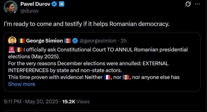 Дуров визвався приїхати на суд і свідчити за проросійського кандидата в Румунії