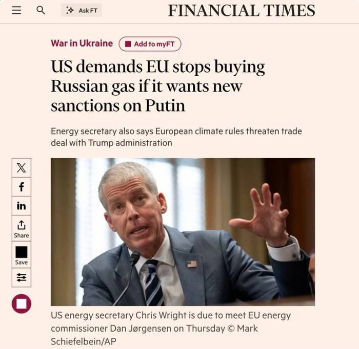 США закликають ЄС відмовитися від російського газу в обмін на новий пакет санкцій проти москви, — FT