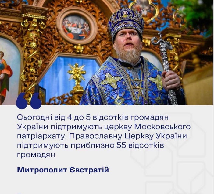 Митрополит Євстратій: ПЦУ підтримують 55% українців, МП — лише 4-5%