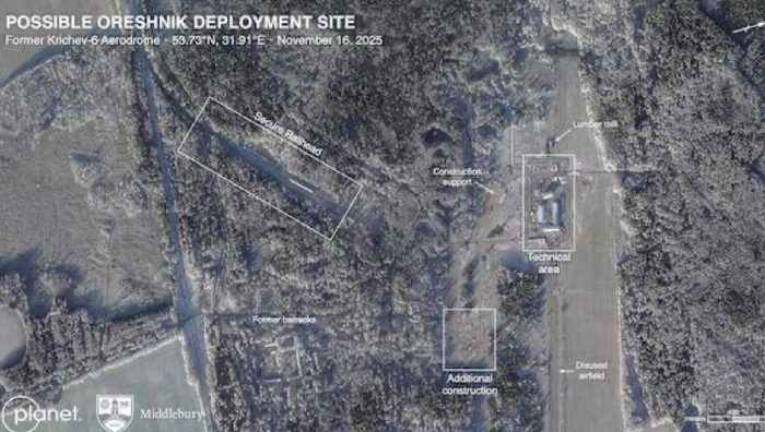 Білорусь розмістила «Орєшнік» на покинутій авіабазі Кричев біля кордону з рф, — Reuters заявляє, що з ймовірністю в 90% саме на цій базі готують майданчики для мобільних пускових установок.