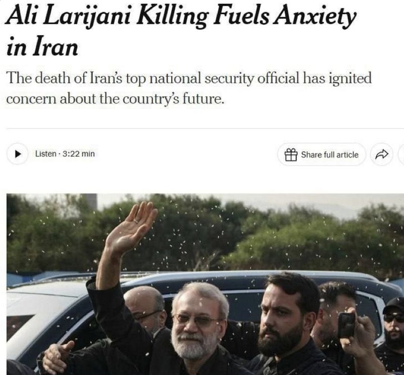 Іранські чиновники налякані та панічно побоюються за свою безпеку після вбивства секретаря Ради національної безпеки Алі Ларіджані, — пише NYT