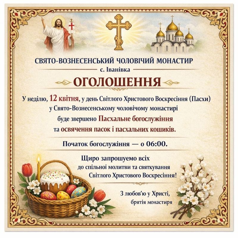 Оголошення! У Свято-Вознесенському чоловічому монастирі буде звершено Пасхальне богослужіння