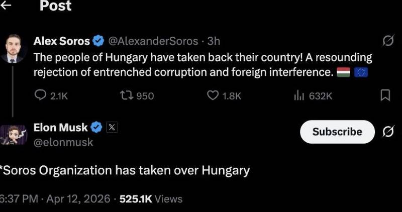 Ілон Маск заявив про «захоплення Угорщини структурами Сороса» після парламентських виборів у країні