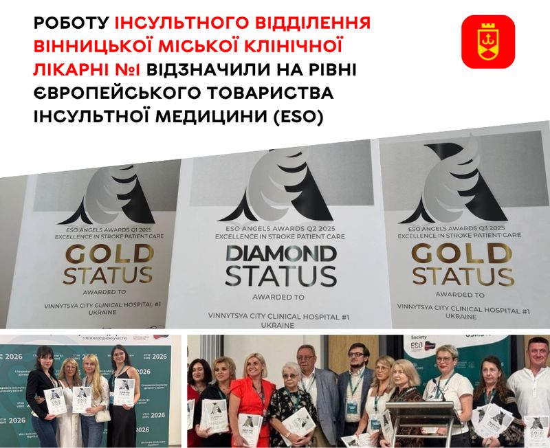 Роботу інсультного відділення Вінницької міської клінічної лікарні №1 відзначили на рівні Європейського товариства інсультної медицини (ESO)