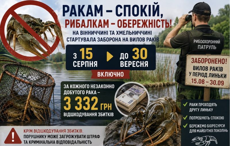 З 15 серпня на Вінниччині та Хмельниччині не можна ловити річкових раків.