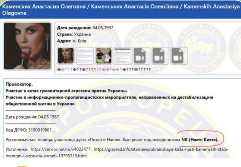 Настю Каменських внесли до бази Миротворець